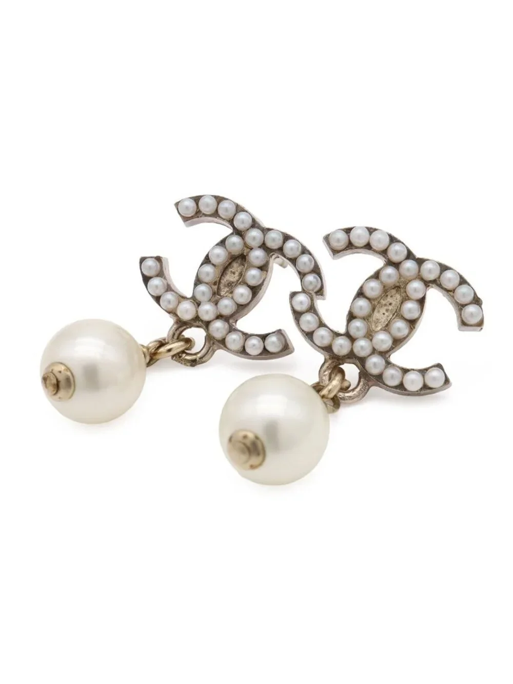 Chanel 04A CC Logo Swing Earrings Faux Pearl White Gold